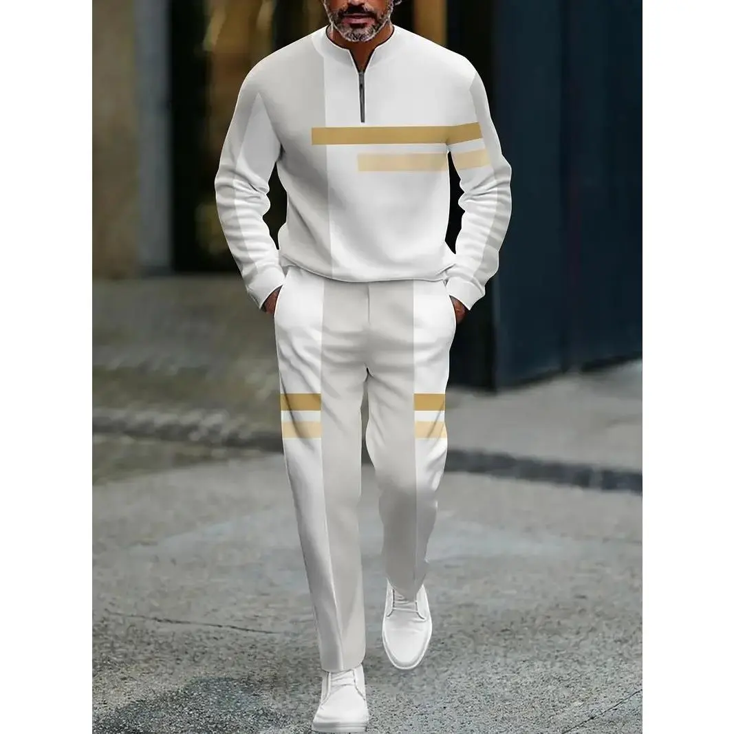 2-piece European and American men's black and white contrasting sports suit | Half open collar | Breathable and comfortable | Suitable for daily&weekend casual street style 2-piece European and American men's black and white contrasting sports suit | Half open collar | Breathable and comfortable | Suitable for daily&weekend casual street style