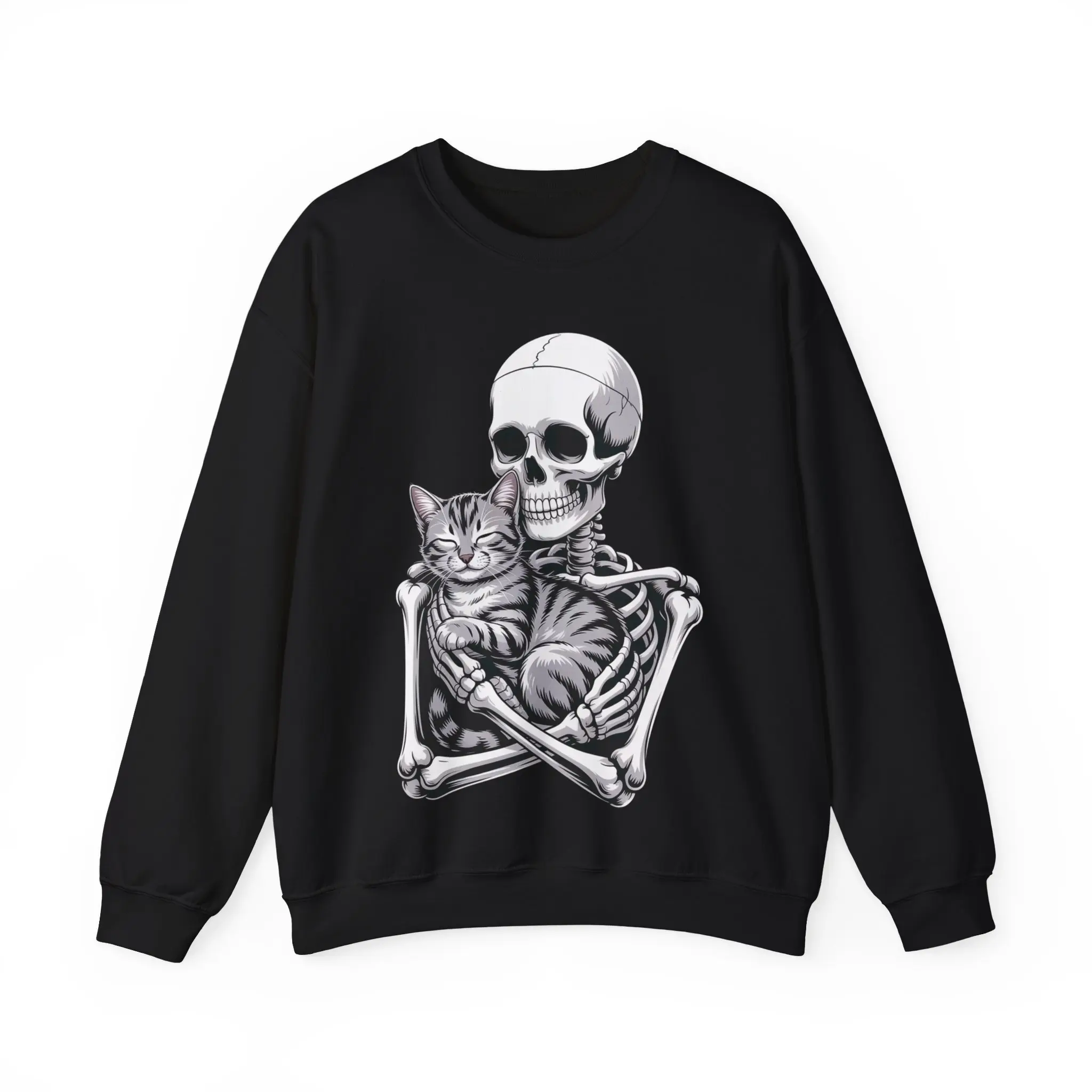 Unisex Skeleton Hugging Tabby Cat Sweatshirt - Soft Cotton Ribbed Collar Fit Gothic Style Tops