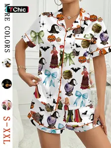 【Halloween】 Pumpkin & Bat Print Short Sleeve Fitted Women's Pajama Set, Comfortable Sleepwear for Halloween, Perfect for Sleep and Leisure