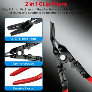 2-in-1 Car Clip Removal Pliers - 1-2mm Thin Plier Head, Spring-Loaded, Durable Trim Removal Tool for Round/Square Clips, Fasteners, Plastic Rivets, Must-Have DIY Auto Repair Tool for Car Interior Maintenance