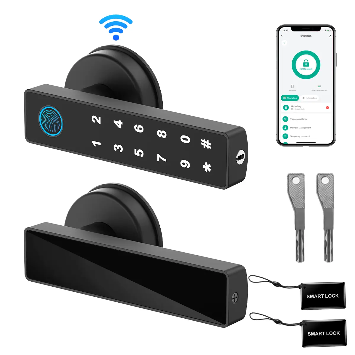 Biometric Fingerprint Door Lock - Smart Keyless Entry Handle with 6 Ways to Unlock (App Control, Password, IC Card), 4 AA Batteries Powered, Long-Lasting Performance for Home, Garage, Home Improvement Door Hardware Secure Lock Security Lock