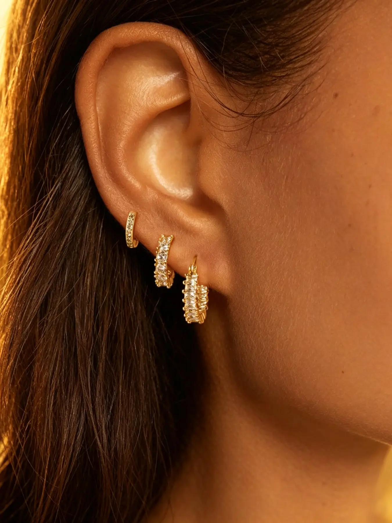 3PCS Cubic Zirconia Huggie Earrings Set, Gold & Silver Available, Sparkling Hoop Earrings, Hypoallergenic & Fade Resistant, Minimalist Daily Wear, Earring Stacking Set, Stackable Design, Hypoallergenic Huggie Hoops