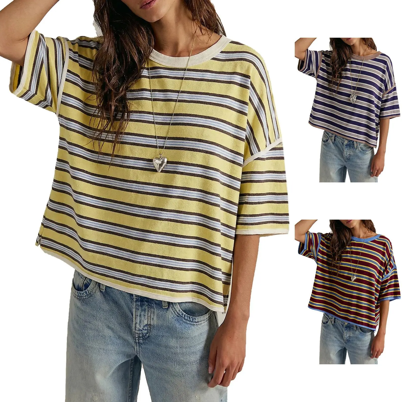 Women's Cotton Shortsleeve Round Neck Oversized Striped Boxy Crop T-Shirt - 90s Retro Drop Shoulders Ringer Tee, Casual Streetwear Outfits Top for Back to School Haul, Women's Underwear Compatible Layering Shirt