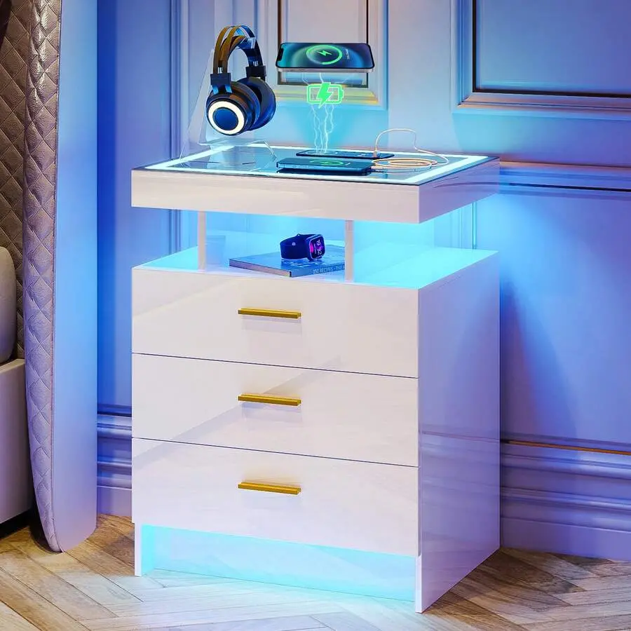 White LED Nightstand with Charging Station USB Ports - High Gloss 3-Drawer Contemporary Flat-Top Dual-Use Drawer-Equipped Bedside Cabinet, Modern Auto-Lighted End Table for Bedroom, Nightstand With Drawers, Contemporary Bedside Tables