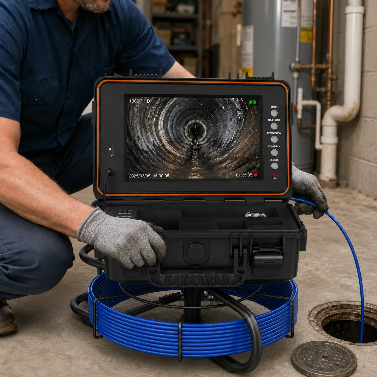 Self-Leveling Sewer Camera with 100FT Meter-Marked Cable, 9-Inch 1080P HD Monitor, 7mm Fiberglass Push Cable, DVR Drain Inspection Camera with 32GB Card, 4500mAh Battery