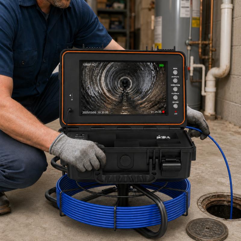 Self-Leveling Sewer Camera with 100FT Meter-Marked Cable, 9-Inch 1080P HD Monitor, 7mm Fiberglass Push Cable, DVR Drain Inspection Camera with 32GB Card, 4500mAh Battery