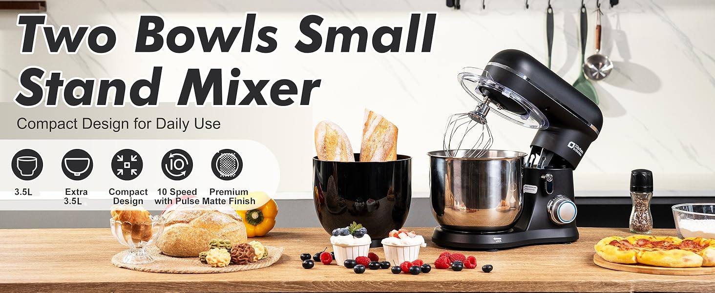 Kitchen in the Box Stand Mixer, 3.5QT Compact Kitchen Electric Mixer with Steal Mixing Bowls, 10-Speed Tilt-Head, Dough Hook, Flat Beater, Whisk – Lightweight, Small Stand Mixer for Baking, Cooking, Daily Use