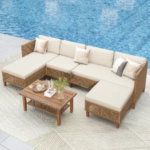 【1 or 2 Packages Shipping】Phivilla Boho Wicker Patio Furniture Sofa Set, 3-6 Seaters, Outdoor Rattan Sectional Sets Conversation Set - Weather-Resistant, with Dual Storage Coffee Table Acacia Wood Legs for Garden, Patio & Deck,SummerVibes