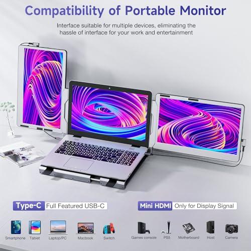 F2 Triple Portable Monitor Extender Aluminum Alloy Dual 14'' Display Multi-angle FHD 1080P IPS Type-C/Mini HDMI Laptop Screen Extender Working with Surface Compatible with Windows/MAC/Chrome/Linux