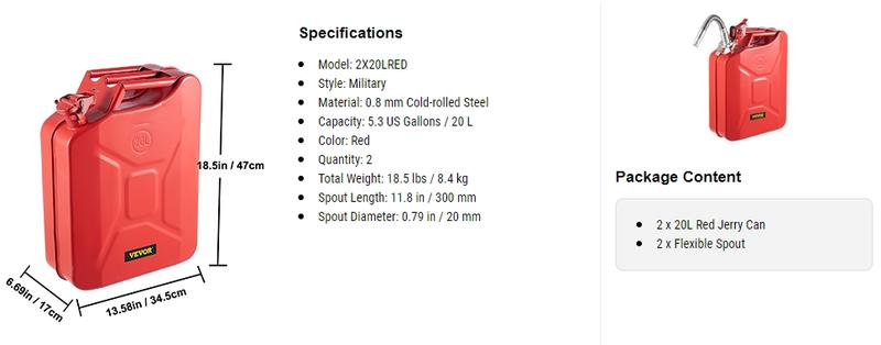 VEVOR Jerry Fuel Can, TikTokShopBlackFriday, 5.3Gal / 20L Portable Jerry Gas Can with Flexible Spout System, Rustproof ＆ Heat-resistant Steel Fuel Tank for Cars Trucks Equipment Bottles Organiser VEVOR Super Brand Day