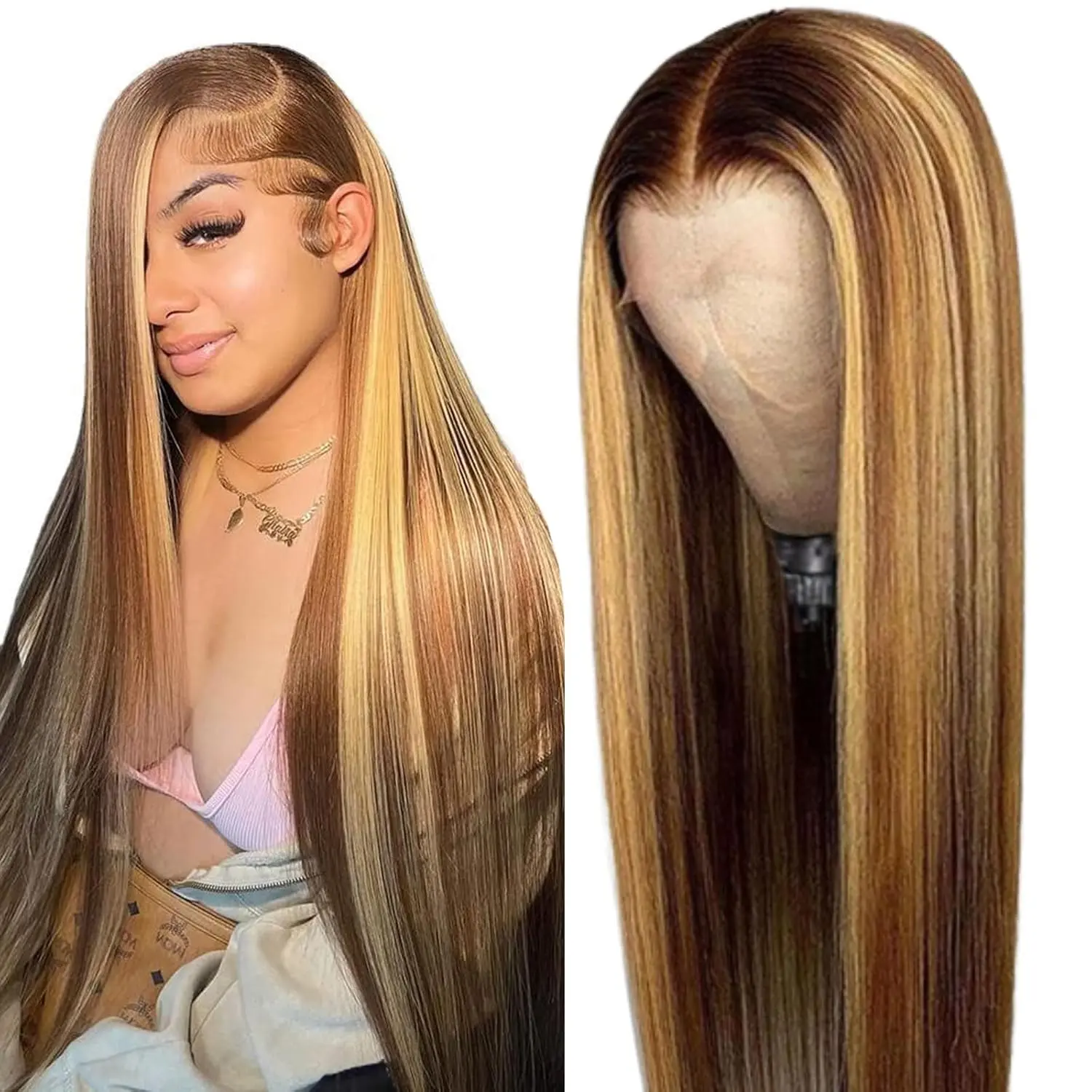 [NEW IN] Ombre Lace Front Wig Human Hair Highlight 13x6 HD Straight Lace Front Wigs 180% Density 4/27 Colored Honey Blonde HD Lace Frontal Wigs For Women Glueless Pre Plucked with Baby Hair