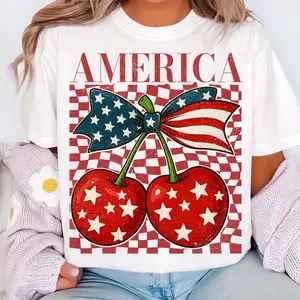 Cherry America Coquette Bow T-Shirt, 4th Of July Shirt, Patriotic Tee, Retro America Checkered Shirt, Girly USA Tee, Independence Day Gift