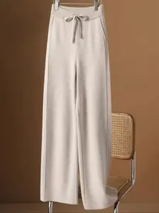 New Autumn Winter Knitted Wide Leg Pants, High Waist Tie Up Straight Casual Trousers, Slim Fit Relaxed Style for Women, Casual Streetwear Pants