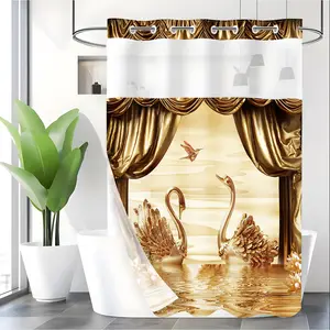 LVRLVR 1pc Luxury Golden Swan Shower Curtain with Sheer Top Window, Detachable Liner & No Hook C-Ring, 70.8" x 74"