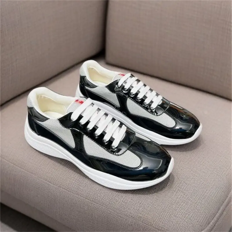Allswifit Men's Classic Vintage Racing-Inspired Chunky Walking Shoes - PU & Mesh Upper, Leather Accents, Patent Leather Racing Stripe, Lace-Up Fit, Cushioned Platform Sole, British Style, Breathable, for Casual Athleisure Use