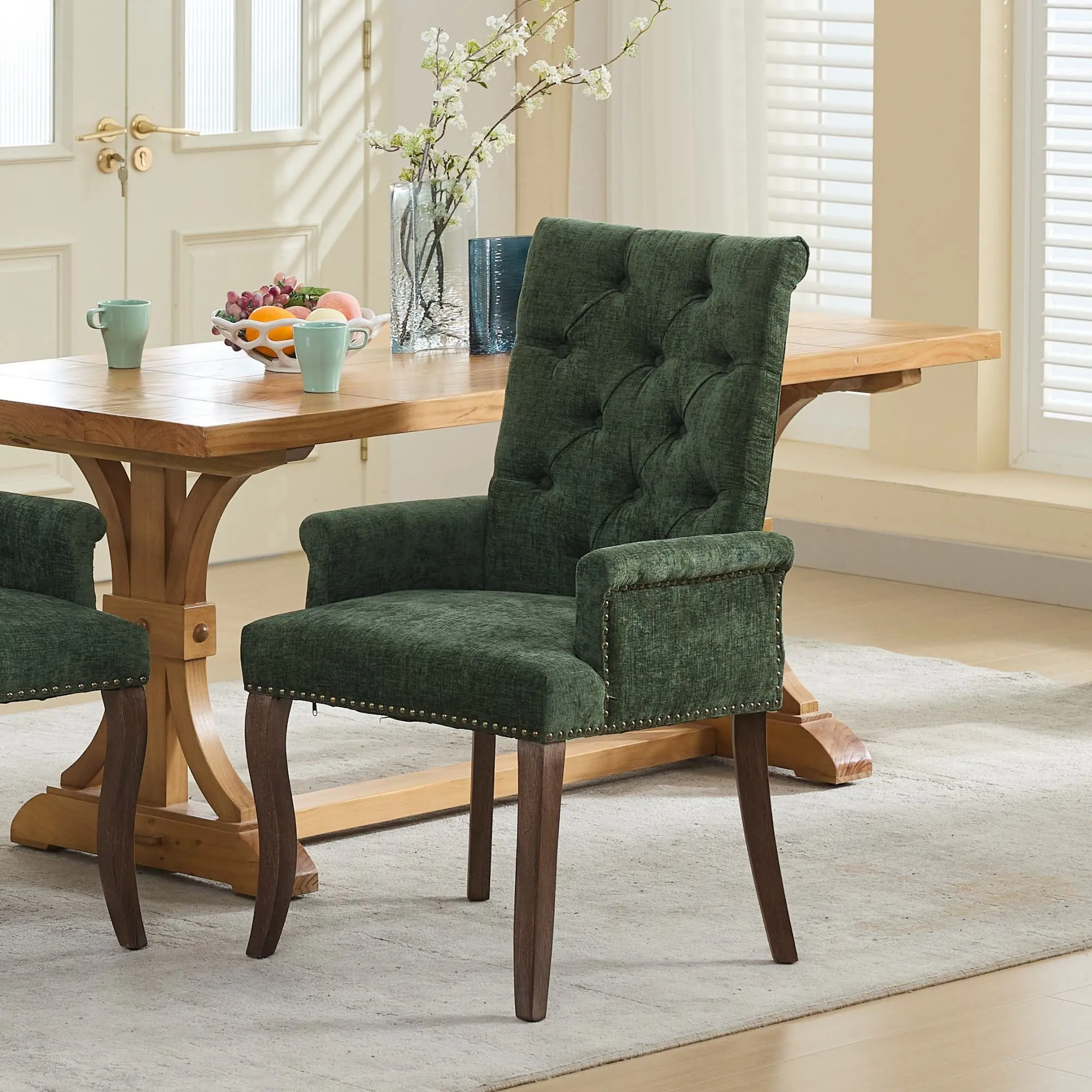 Tufted Chenille Upholstered Accent Dining Chair with Curved Rubberwood Legs, High-Back Club Armchair, Foam Cushion, Single Pack, Olive Green, for Dining Room, Living Room, Study, Supports 300 lbs