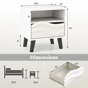 COSTWAY - Nightstand Mid Century Modern Bedside Table with 3D Wavy Pattern and Open Shelf-White