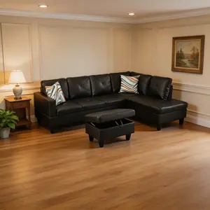 Contemporary Black Faux Leather Multi-Section Sofa Combination - Wear-Resistant Synthetic Leather, Streamlined Modern Design, Versatile All-Match Style, Exquisite Luxury-Themed Cushion Furniture-Style Living Room Full Set Sofa, Exquisite Sofa Sets, Luxury