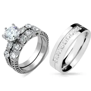 Lanyjewelry 3-Piece His Hers Interlocked Stackable Rings Bridal Set - Tarnish-Free Stainless Steel, Women’s 8x8mm Round Brilliant Cut Cubic Zirconia, Men’s 9-Cubic Zirconia Band, Bridal Ring Set