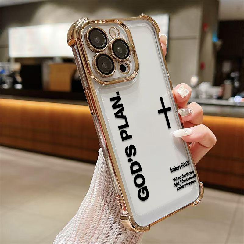 Unique GOD'S PLAN Patterns Electroplated Phone Case With Four-Corner Airbag Electroplated Featuring A High-Transparent Tpu Back With Reinforced Shock-Absorbent Airbags And Shiny Electroplated Frame For iphone 17 16 15 14 13 12 11 SAMSUNG S25 24 23 22