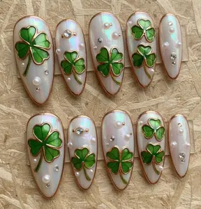 St. Patrick's Day Press On Nails | Celtic Shamrock Stained Glass Art