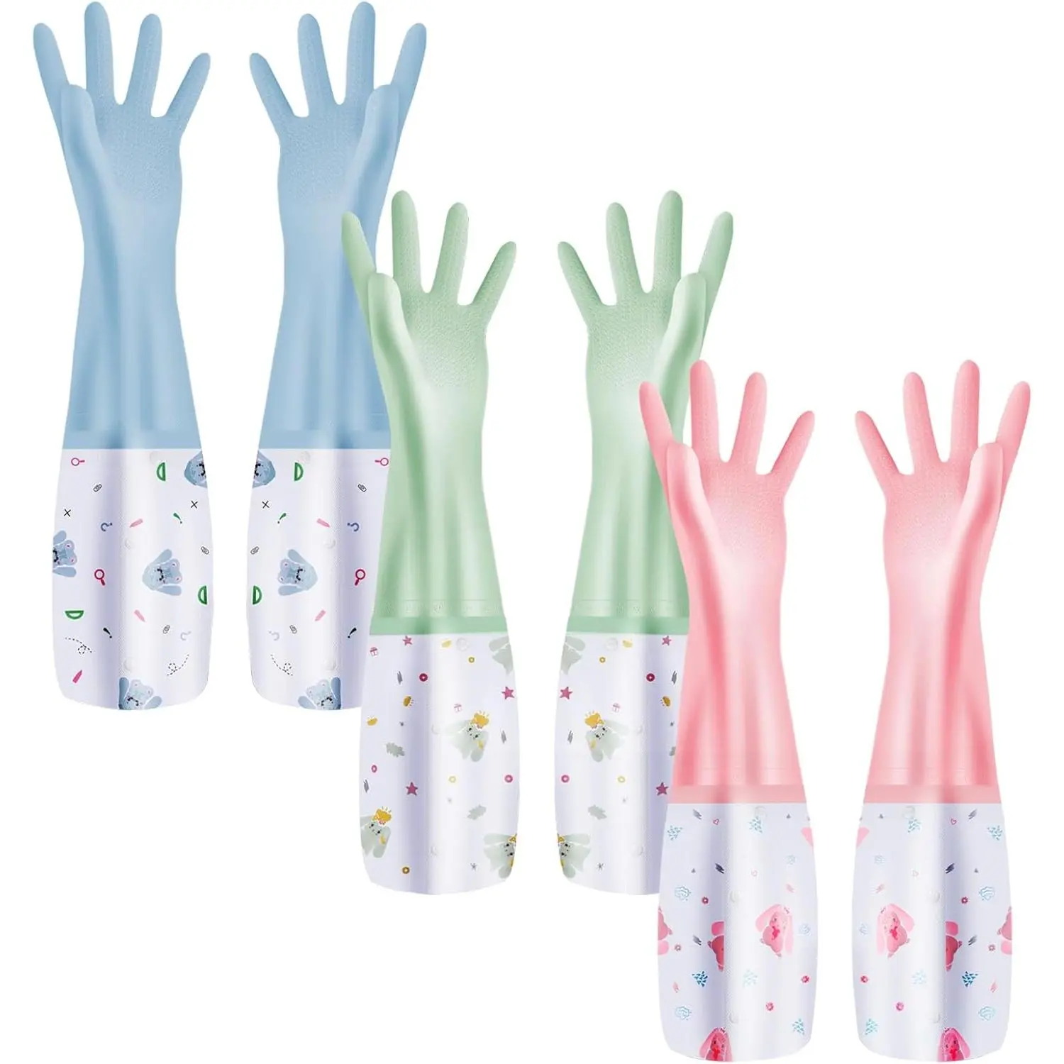 3 count  Dishwashing Gloves,  Long Cuff Non-Slip Household Gloves With Cotton Lined For Laundry, Cleaning, Working, Gardening