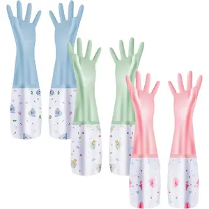 3 count  Dishwashing Gloves,  Long Cuff Non-Slip Household Gloves With Cotton Lined For Laundry, Cleaning, Working, Gardening