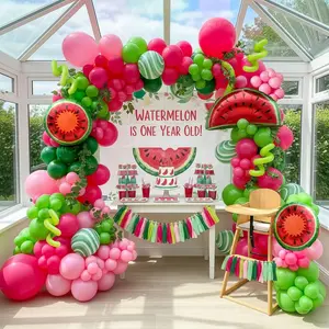 Summer Fruit Watermelon Party Decorations Balloon Arch Garland Kit Red Green Pink With Watermelon Mylar Balloons For One In A Melon Theme Birthday Party Decorations (Red Green Pink)