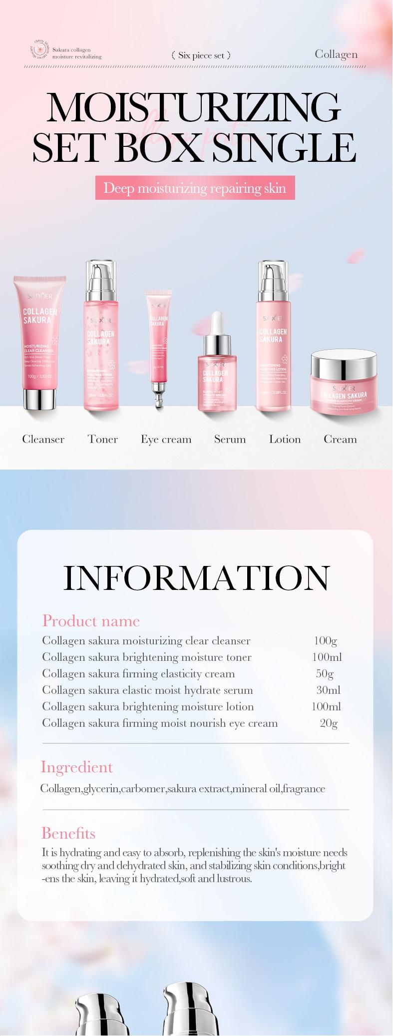 Collagen Sakura Moisturizing Revitalizing Six Piece Set - Hydrating Skin Care Kits for Radiant Glow & Plump Smooth Skin