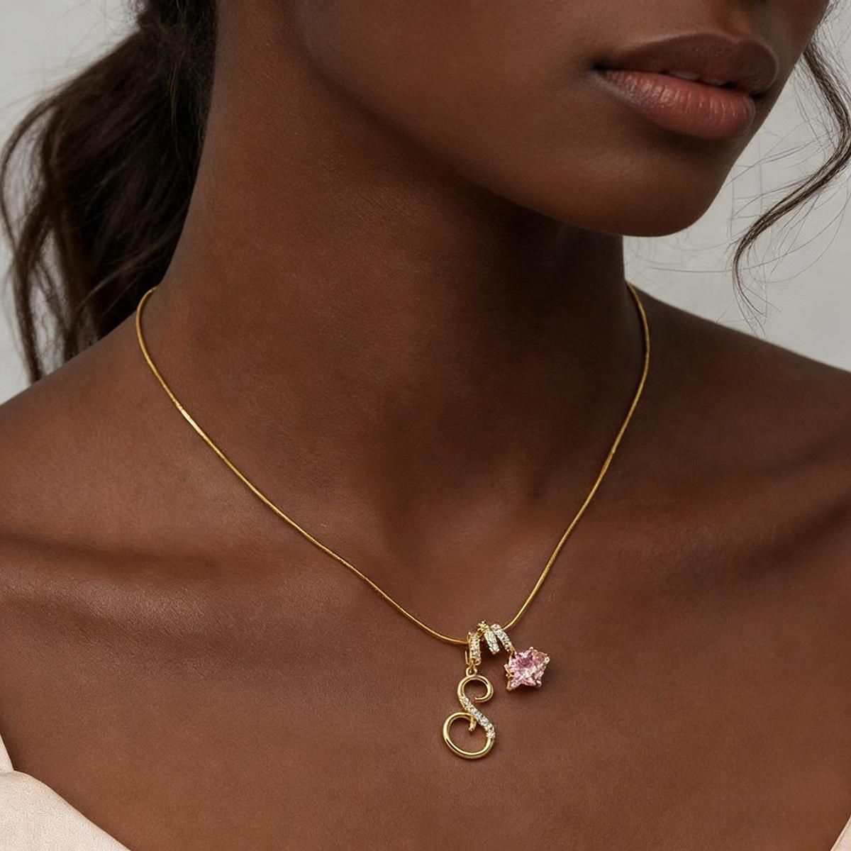 PolarEve Initial Heart Necklace A-Z Letter Pendant Necklaces for Women Snake Chain Choker, Pink Cubic Zirconia Pendant Letter Diamond 18K Gold Plated Fashion Jewelry, Hypoallergenic, Adjustable Size, Perfect Gift for Women and Girls, Valentine's Day Gift