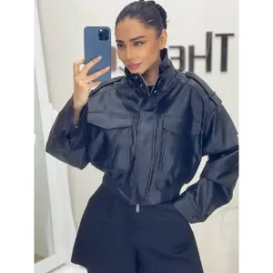 Women's Cropped Bomber Jacket Demi-Season Faux Leather Jacket Long Sleeve Green Black Jacket Women's Moto Biker Zipper Jacket Street Short Coat Aviator Jackets
