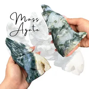 Moss Agate Wolf Carving - Large Moss Agate Wolf - Gemstone Wolf Carving