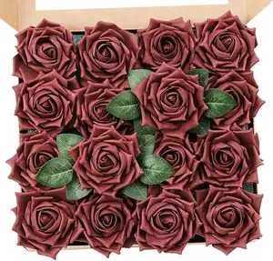 TINGE TIME Artificial Roses for Decoration 16pcs Real Looking Fake Flowers w/Stem Burgundy Artificial Flowers for Valentine's Day DIY Wedding Bouquets Bridal Shower Centerpieces Home Decor Decorative Fruit