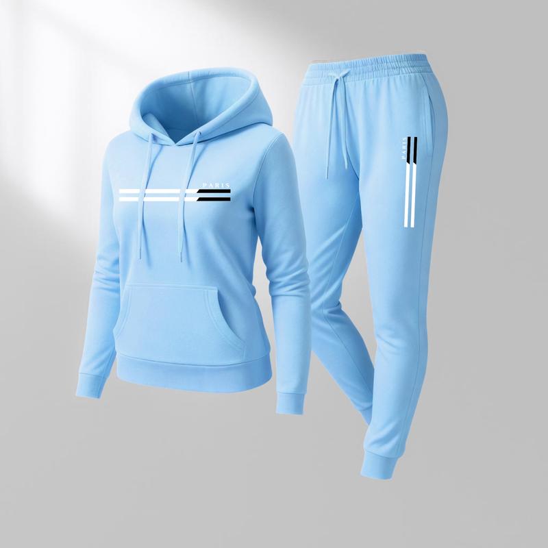 Women's PARIS Print Hoodie And Drawstring Track Pants Set, Casual Sportswear, Long-Sleeved Hooded Jacket And Pants, Suitable For Autumn And Winter, Everyday Wear, Indoor And Outdoor Sportswear, Casual Sportswear.