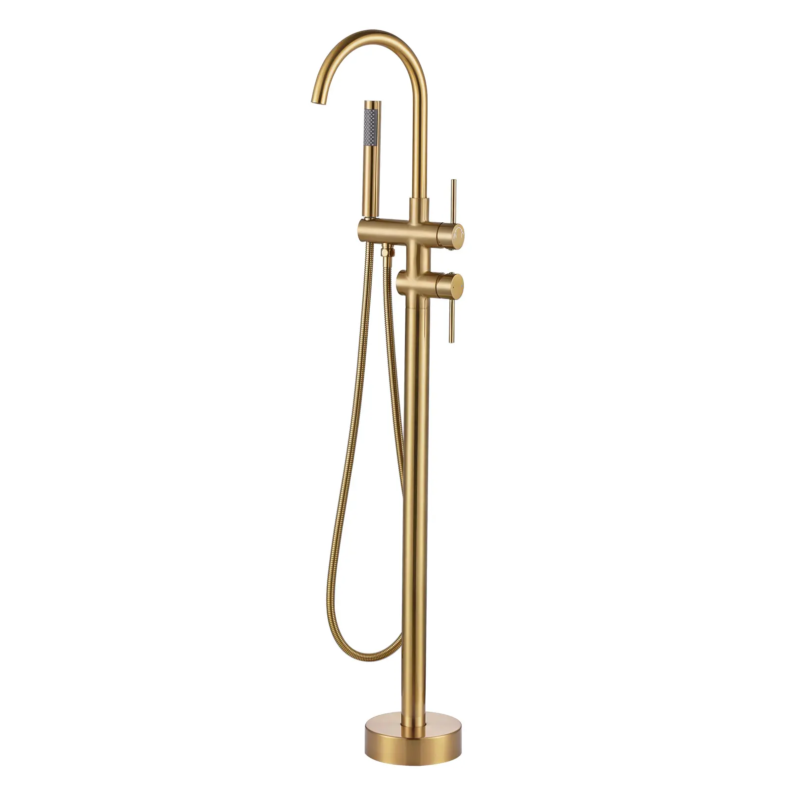 WOWOW Freestanding Solid Brass Bathtub Faucet - Brushed Gold High-Flow Tap with 360° Swivel Arched Spout, Diverter Knob, Handheld Sprayer, Expansion Bolts, 46.45 in. Tall for Vintage, Classic Bathroom Fixtures (Garden-Compatible)