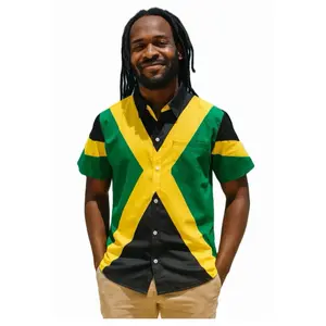 Jamaican Flag Inspired Men's Short Sleeve Button-Up Shirt - Vibrant Yellow Green Black Design