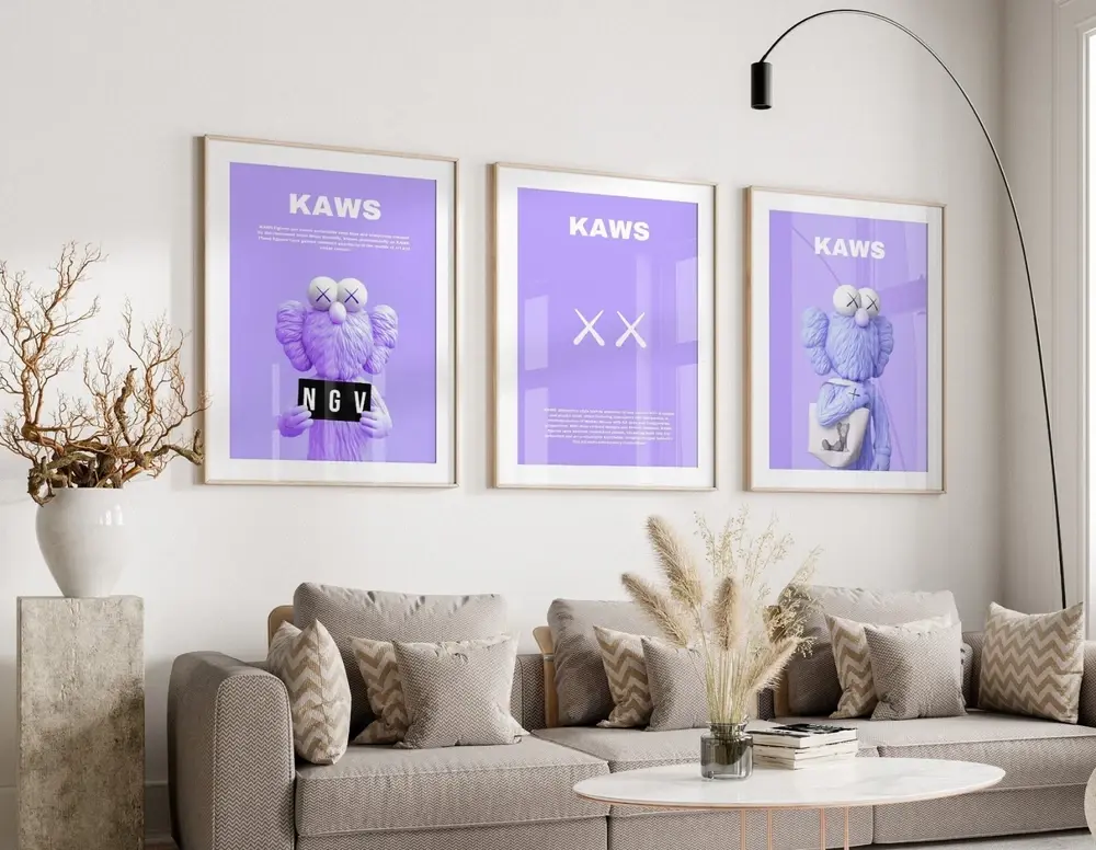 Set of 3 Purple Kaws Art pieces canvas wall art home decor