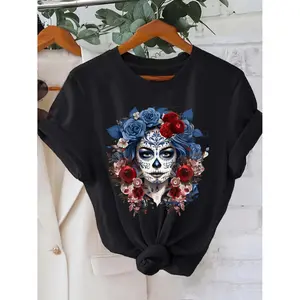 Women's Mexican Day of the Dead Sugar Skull & Floral Graphic Print T-Shirt - White Casual Short Sleeve Crew Neck Top, Machine Washable Regular Fit for Summer, Spring & Year-Round Wear, Festive Attire, Artistic Design, Comfortable