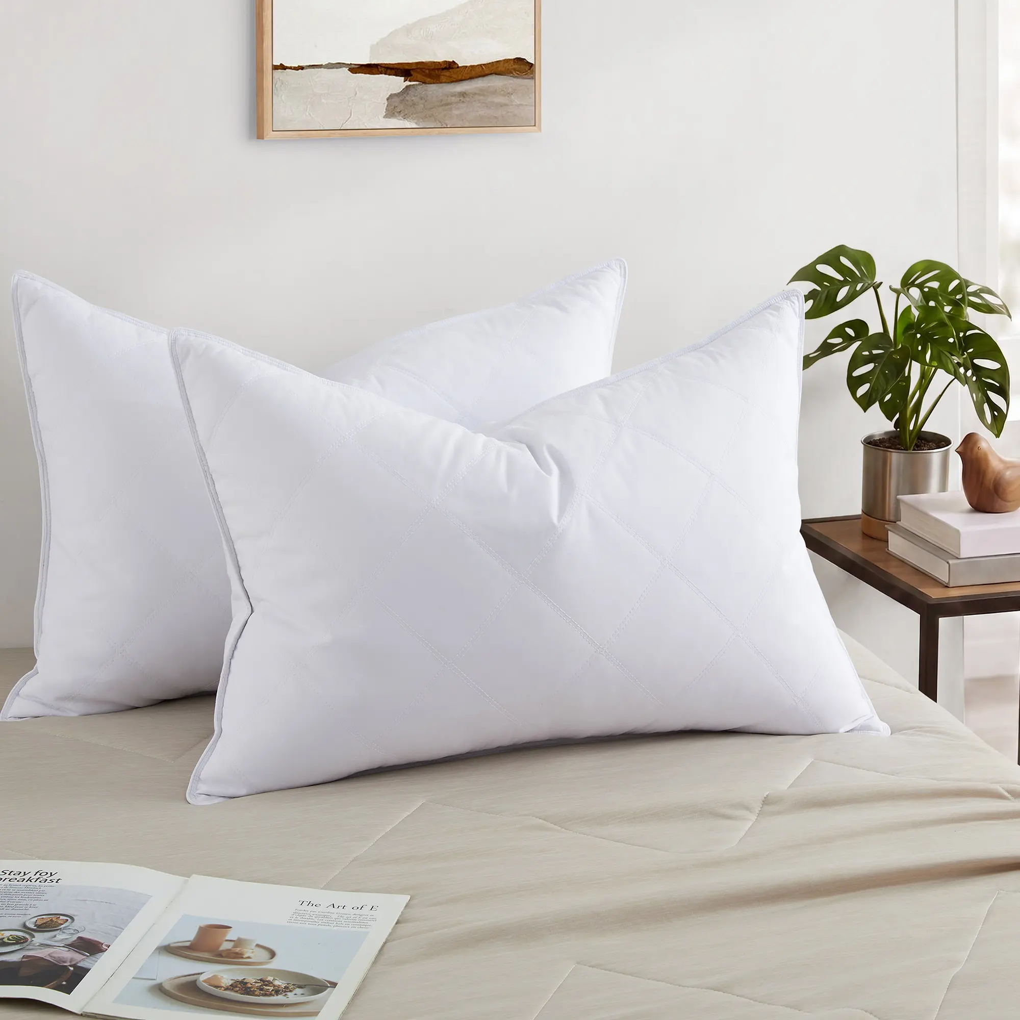 PEACE NEST 2 Pack Goose Feather Bedding Pillows with Diamond Quilting, Medium Support for Side & Back Sleepers, Moldable for Camping & Hiking, Hotel Look Oeko-Tex Shell, Diamond Quilted, Double Line