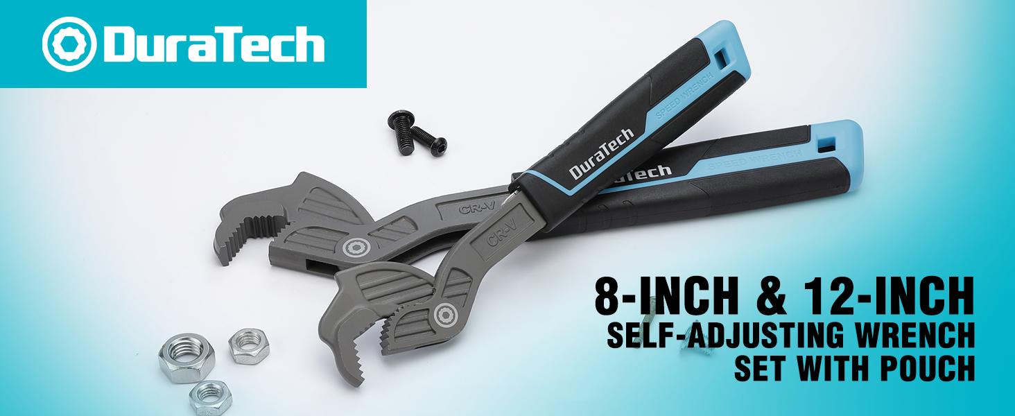 #BacktoSchool DURATECH 2 PCS Self-Adjusting Wrench Set, 8" & 12" Self-Locking Pipe Wrenches, Adjustable Size 3/8"-1-5/8"(9-41 mm), CR-V Steel, Non-Slip TPR Handle, for Home Repair, Mechanic and DIY Projects