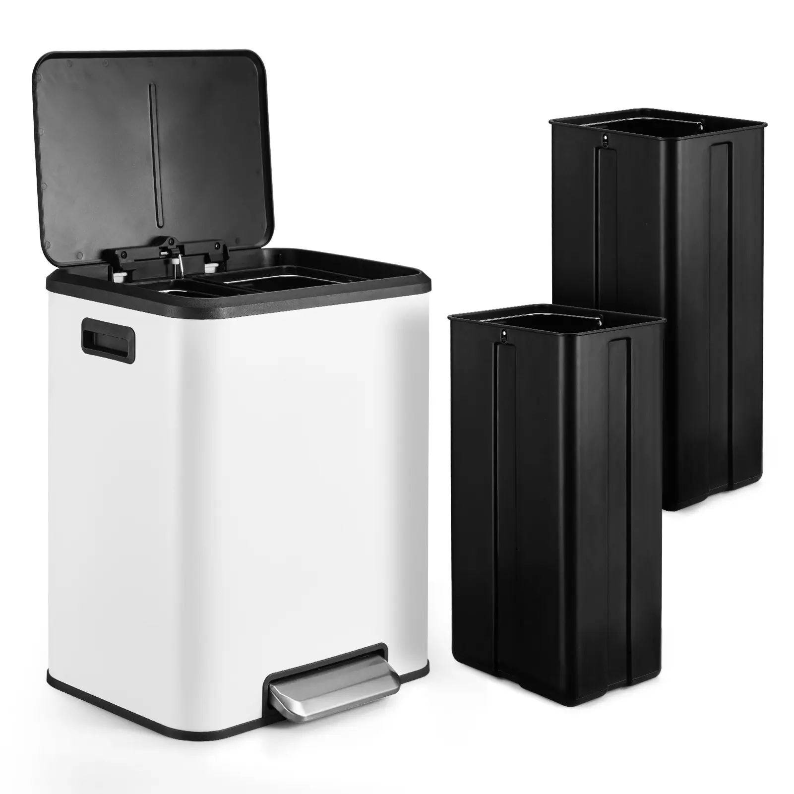 Stainless Steel Dual-Compartment Trash Can - 30L Large Capacity Double Indoor Recycling Bins with Pedal-Open Dual Lids, 2x4gal Kitchen Home Care Bin, White, Dual Lids Indoor Recycling Bins