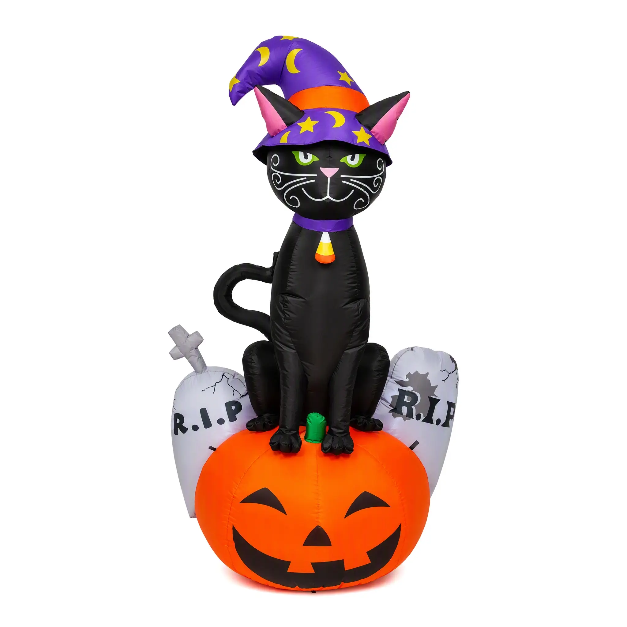 Halloween Inflatable Black Cat with Witch Hat and Pumpkin Decor for Festive Season
