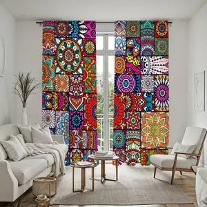 2Pcs Mandala Pattern Curtains, Boho Chic Style Window Drapes, Vibrant Colorful Geometric Patchwork Design, Easy Installation Rod Pocket Panels, Semi Sheer Treatments, Decorative Home Accent for Living Room Bedroom Study, Durable