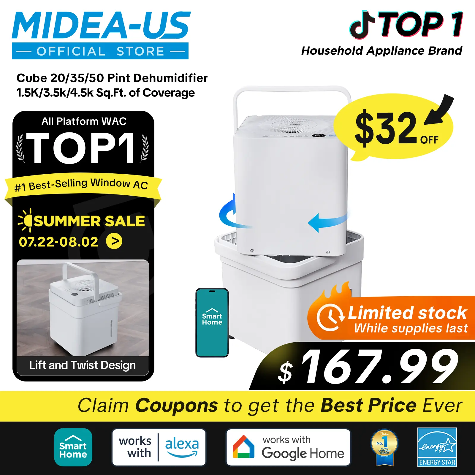 Midea Cube 20 Pint Dehumidifier for Basement and Rooms at Home, Smart Control, ENERGY STAR Efficient, Includes Drain Hose