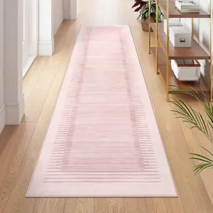 Washable Striped Runners for Hallways 2'6"x8', Non-Slip Soft Pink Runner Rug for Bedroom, Low Pile Minimalist 8ft Runner for Bathroom Laundry Kitchen (Pink, 2'6" x 8')