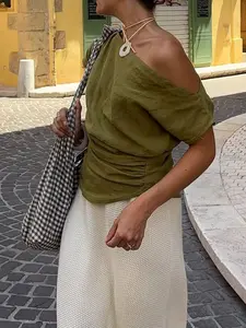 Women's Y2K Casual Simple Off-Shoulder Short Sleeve T-Shirt, Asymmetric Batwing Waist Cinching Top, Perfect for Vacation Daily Wear