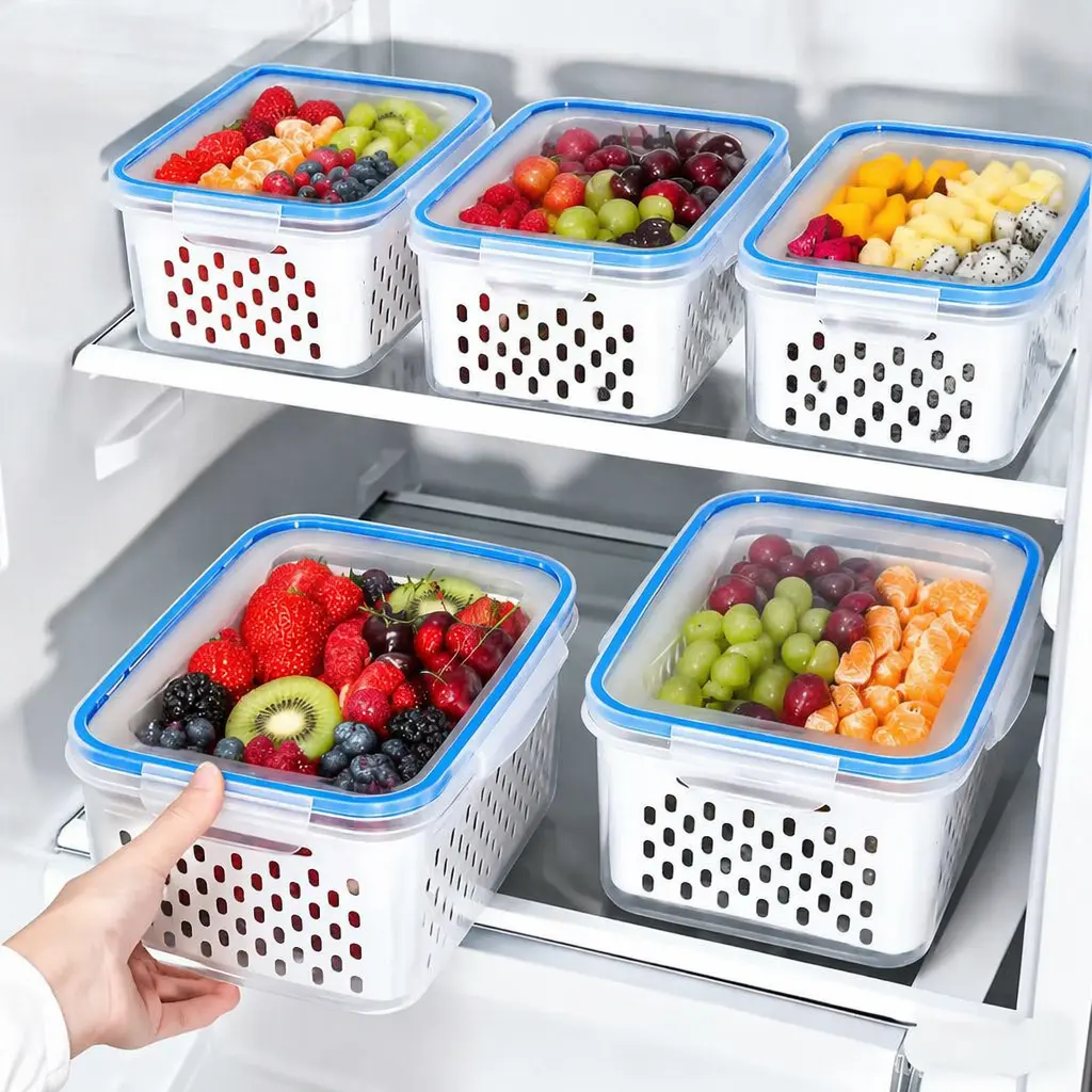 Multi-Size Pack Rectangular PP Plastic Food-Grade Drainage Baskets Set - 18/9/6-Piece Airtight Fridge Storage Containers with Lid, Nestable Space-Saving Design for Fruits & Vegetables Freshness