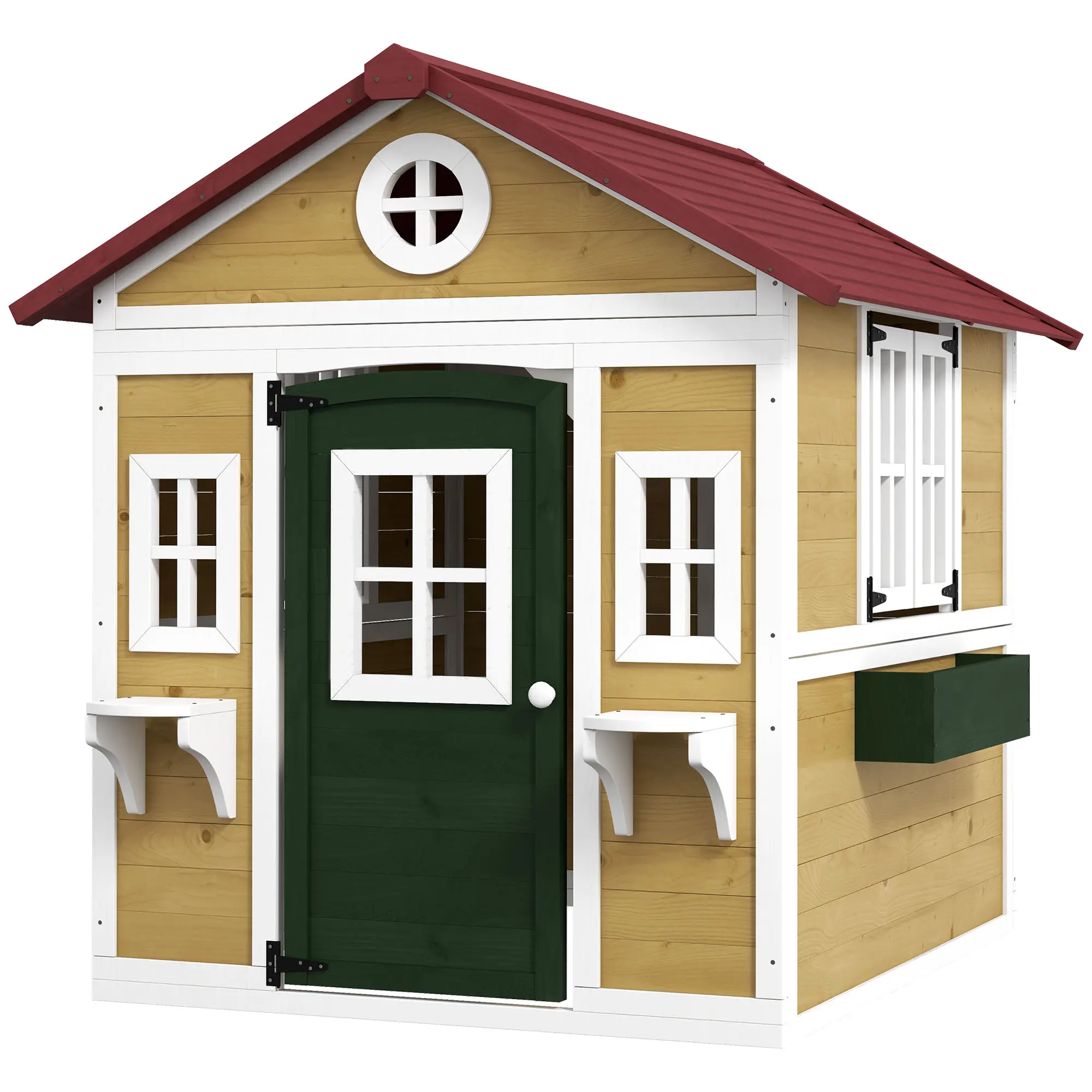 Kids Wooden Beige Garden Cottage Playhouse with Planter Boxes and Pots Expandable Chicken Coop Option for Preschool Balcony Rooftop Family