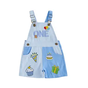 Kupretty Kids Toddler Baby Girl Boys Birthday Overalls Shorts Letter One Cake Embroidery Sleeveless Romper Overalls Jumpsuit Infant Summer Cake Smash Outfits