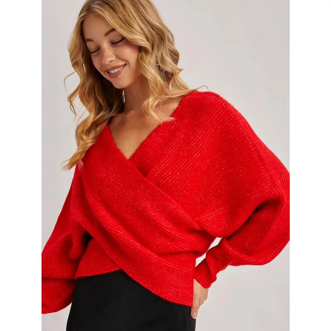 Wrap Crossover Fuzzy Knit Sweater